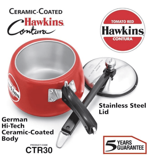 Hawkins Contura 3 Litre Pressure Cooker, Ceramic Coated Handi Cooker, Tomato Red (CTR30) - Image 3